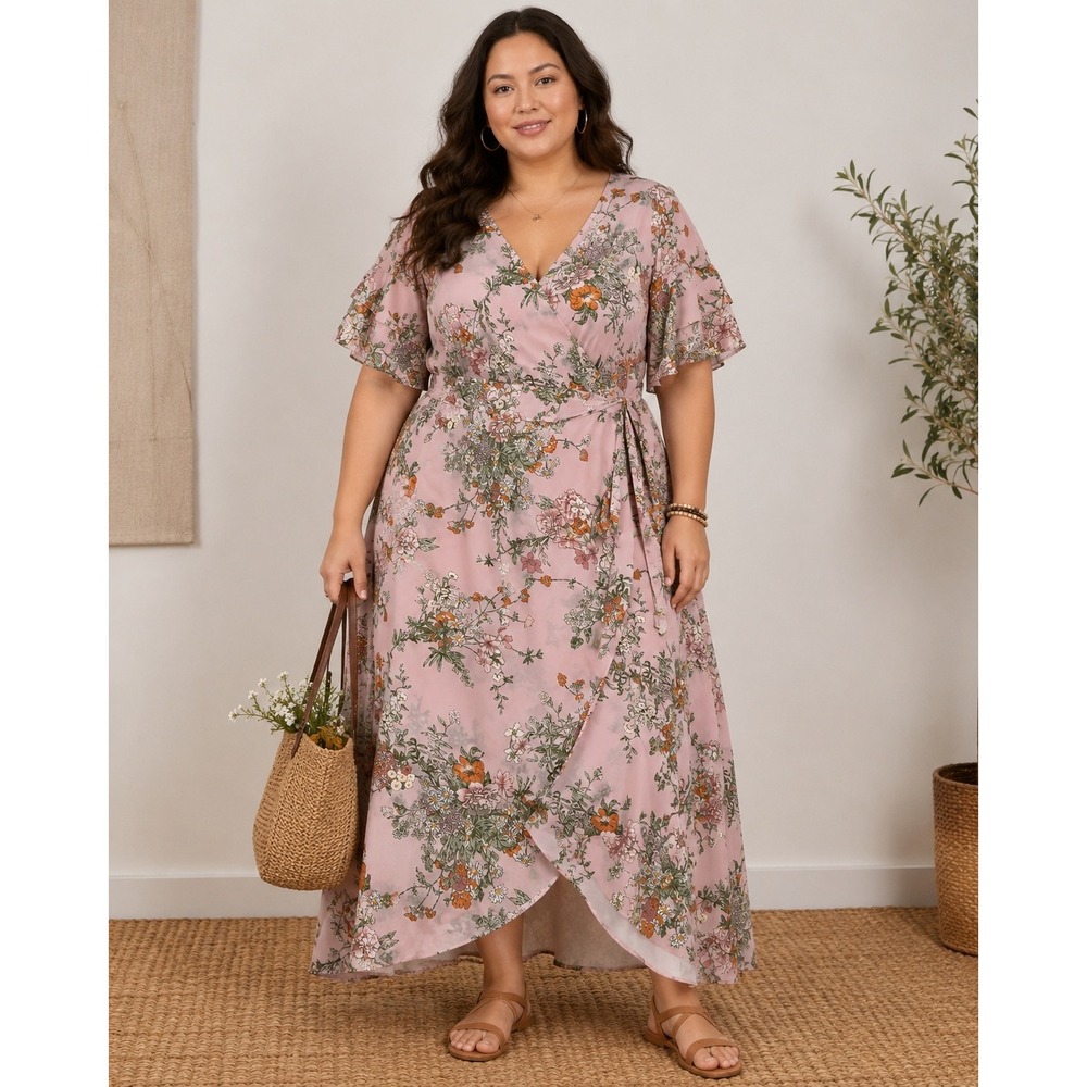 Womens Plus Floral Wrap High Low Dress Pink Ruffle Sleeve Chic Soul 2XL NWOT